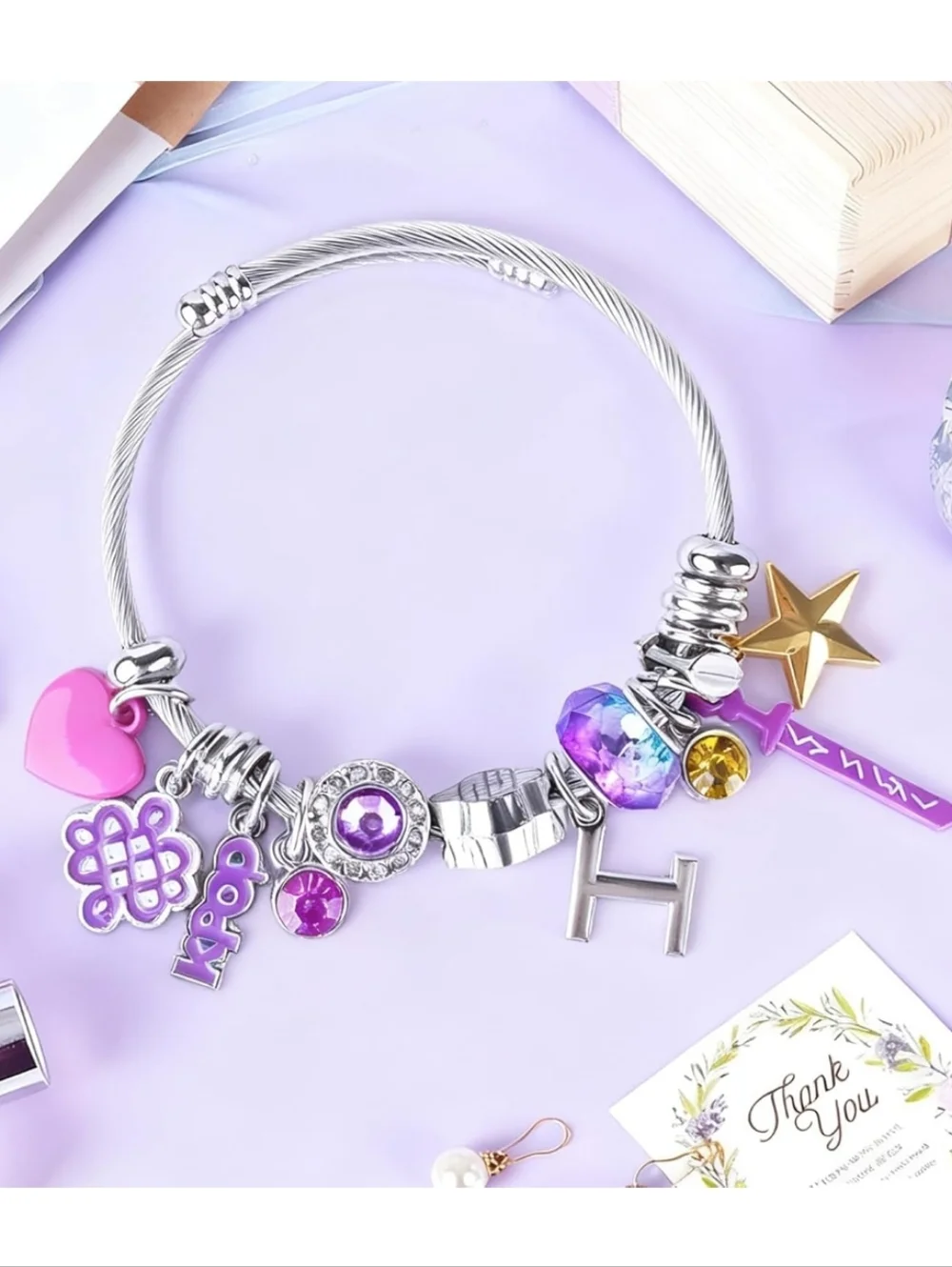 💜K-Pop Demon Hunters Themed Charm Bracelet in Purple Pink Silver
